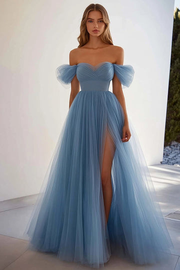 Grey Blue A Line Tulle Long Formal Dress with Slit
